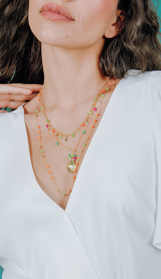 Colar 3 Camadas E Concha Laranja/verde