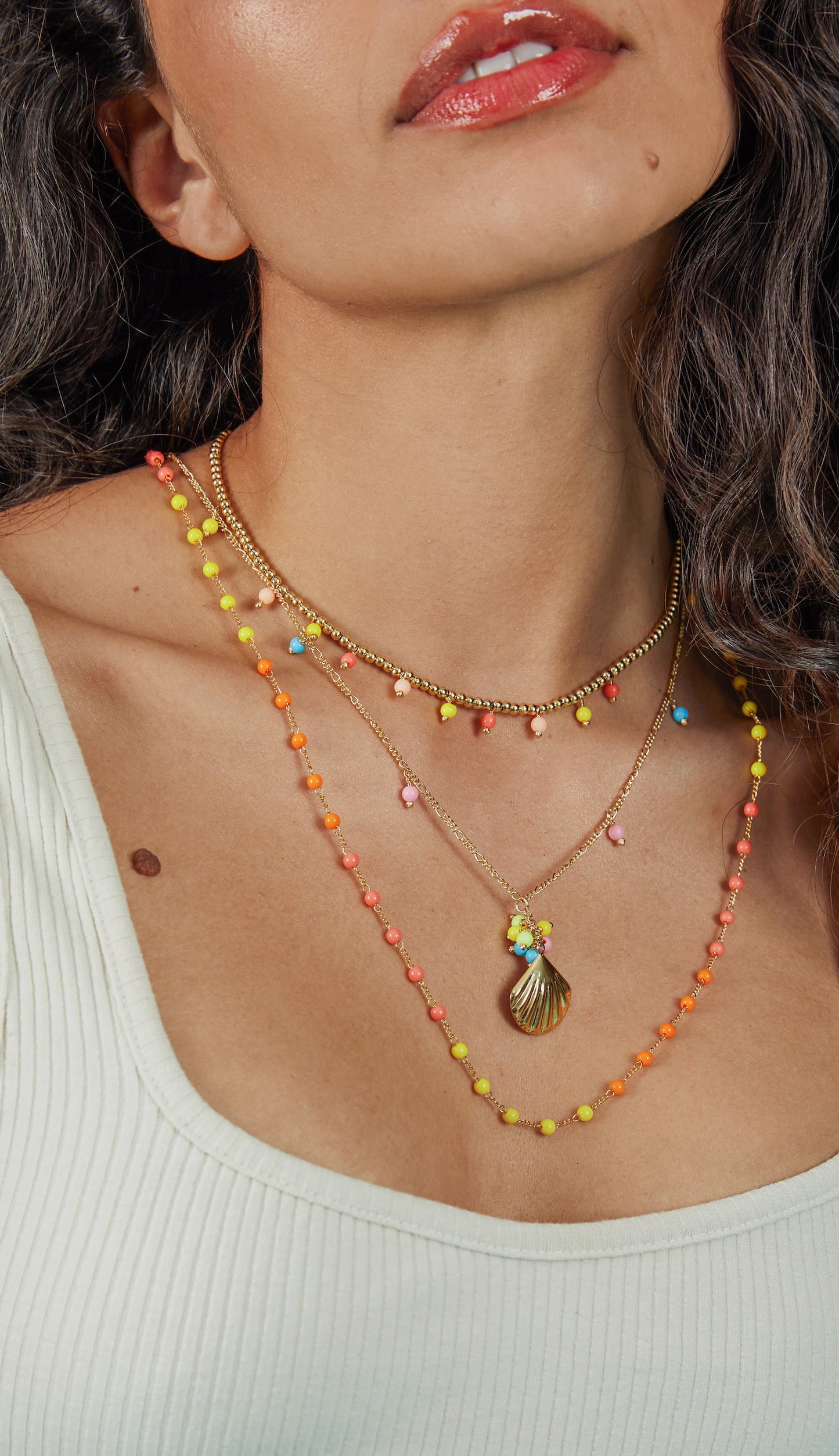 Colar 3 Camadas E Concha Laranja/amarelo