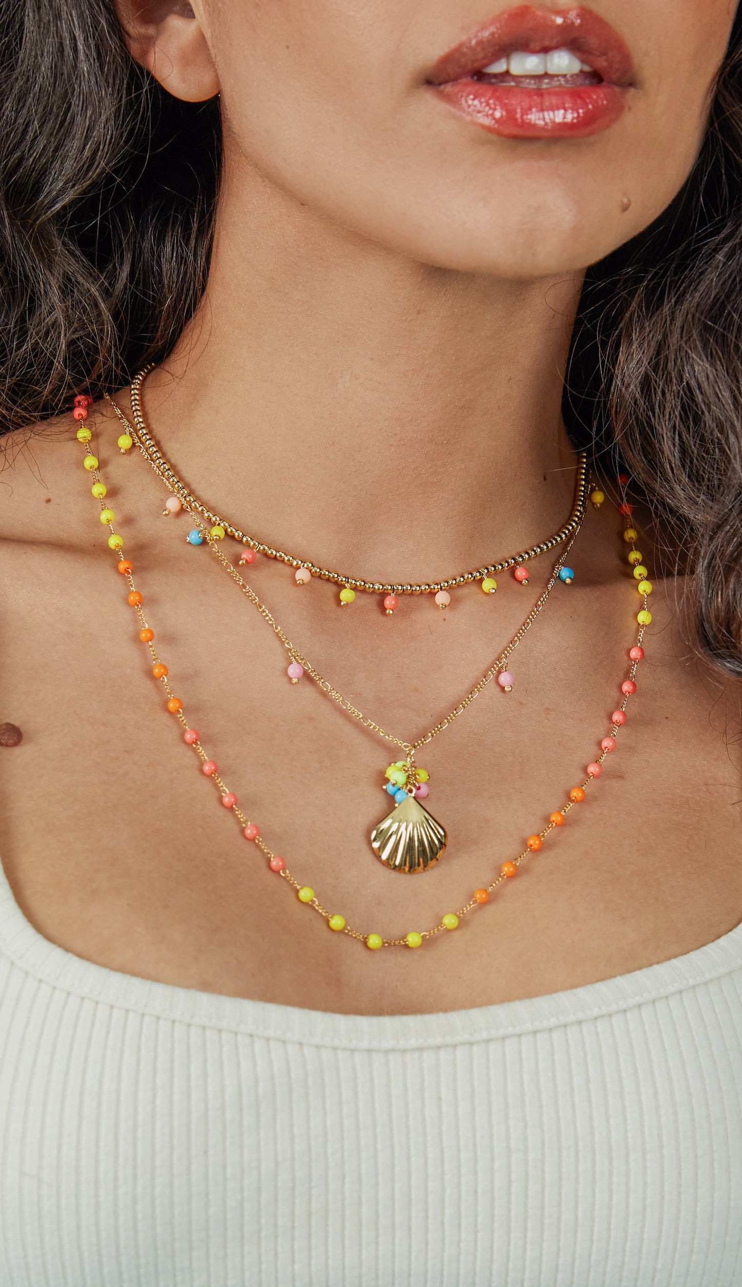 Colar 3 Camadas E Concha Laranja/amarelo