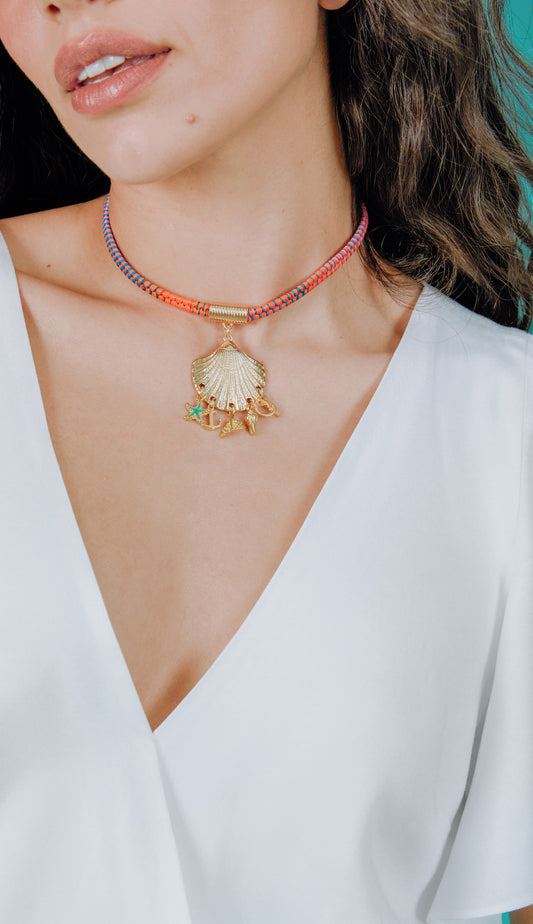 Colar Corda Concha E Pingentes Multicolor