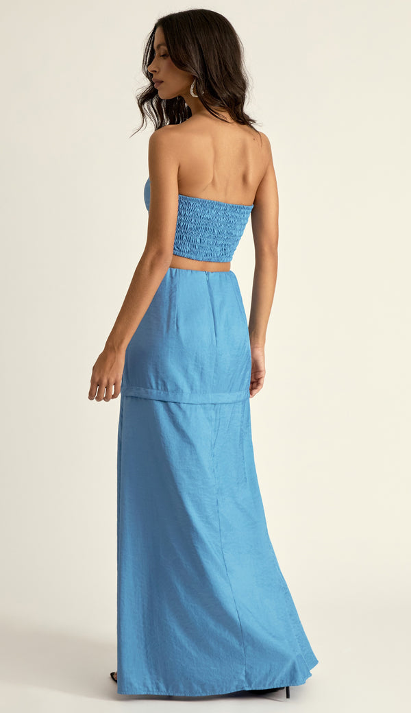 Vestido Longo Alfaiataria Acetinada Cassiana Azul | Laguna