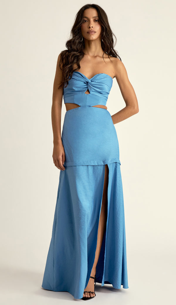 Vestido Longo Alfaiataria Acetinada Cassiana Azul | Laguna