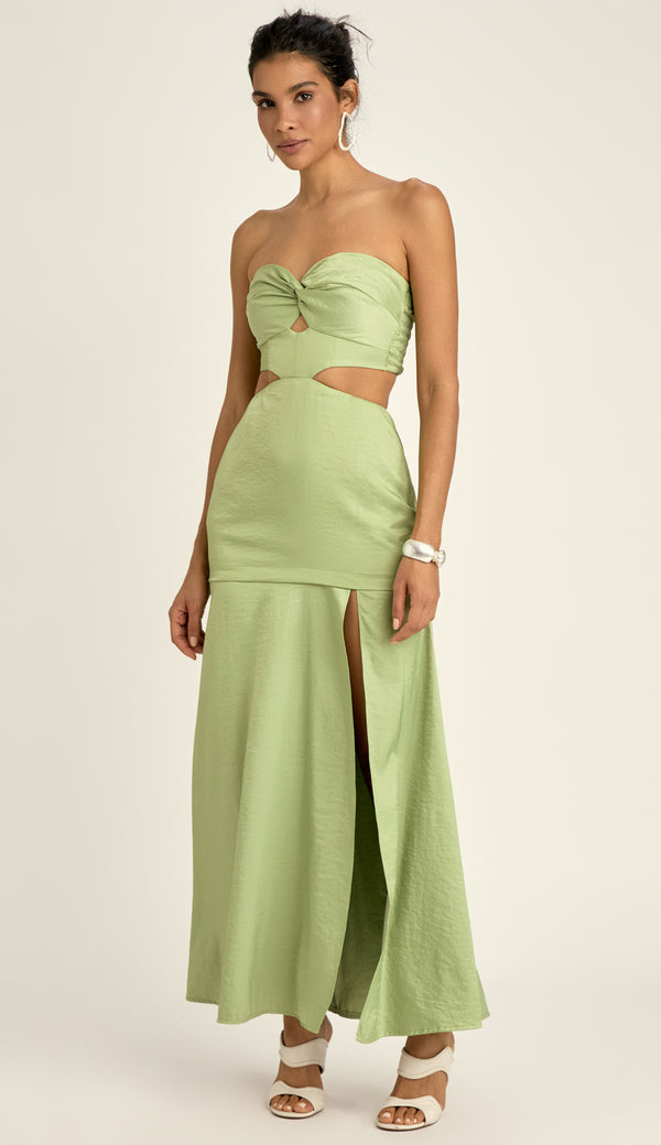 Vestido Longo Alfaiataria Acetinada Cassiana Verde | Laguna