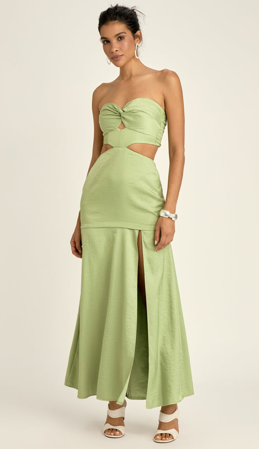 Vestido Longo Alfaiataria Acetinada Cassiana Verde | Laguna