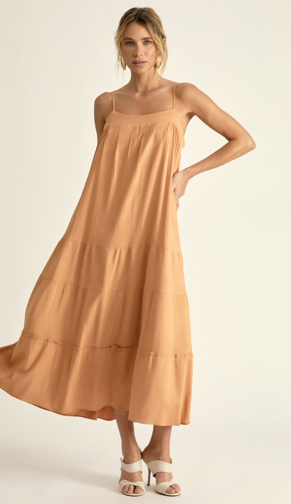 Vestido Midi em Viscose com Aspecto de Linho Camila Mocha | Laguna