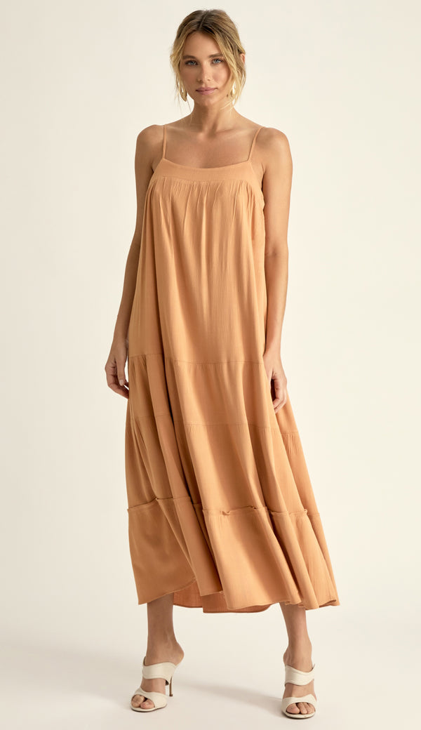 Vestido Midi em Viscose com Aspecto de Linho Camila Mocha | Laguna