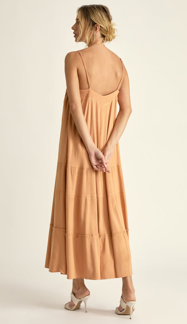 Vestido Midi em Viscose com Aspecto de Linho Camila Mocha | Laguna