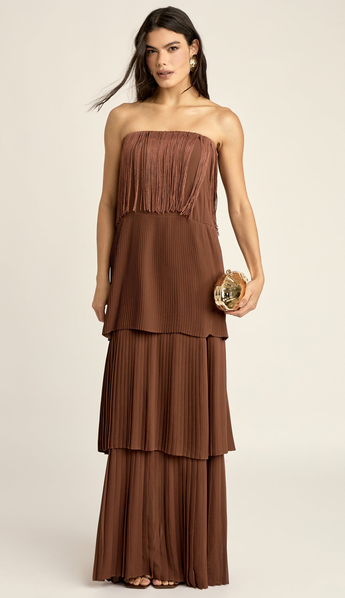 Vestido Longo Plissado Crepe Flamingo | Laguna
