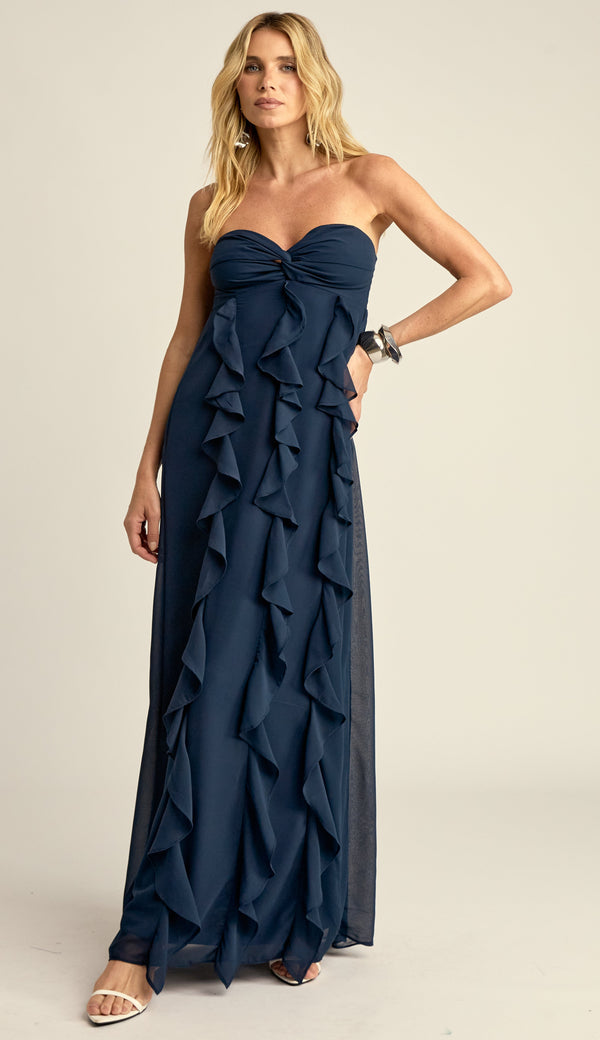Vestido Longo Festa Crepe Babados Jamine Marinho | Laguna
