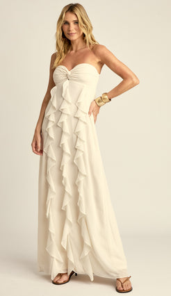 Vestido Longo Festa Crepe Babados Jamine Off White | Laguna