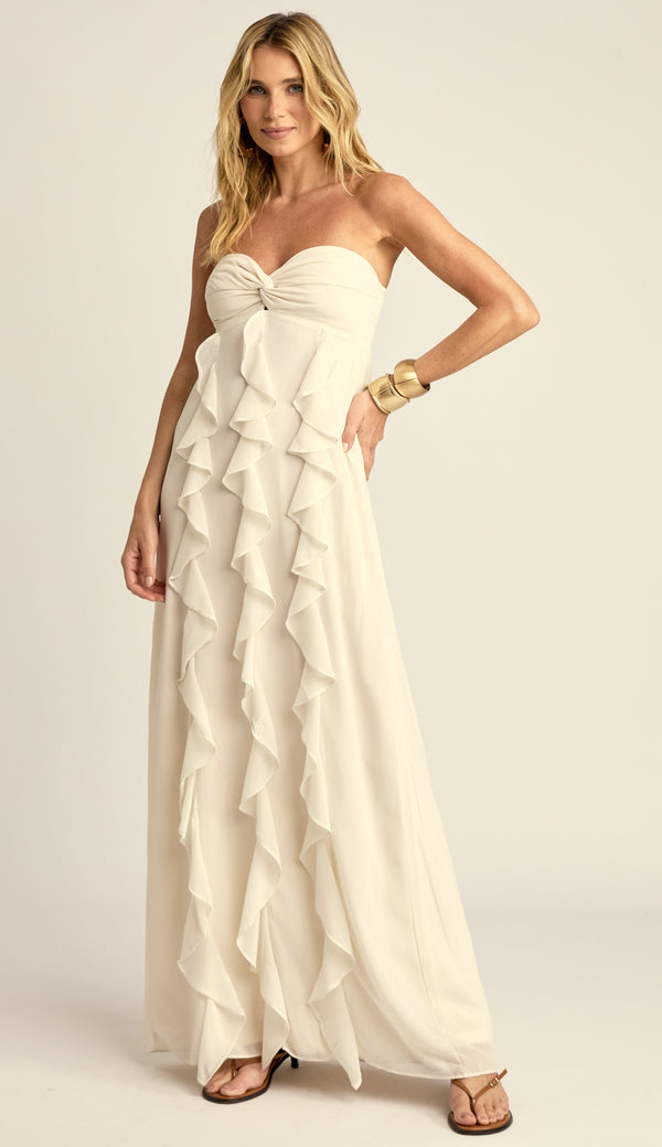 Vestido Longo Festa Crepe Babados Jamine Off White | Laguna