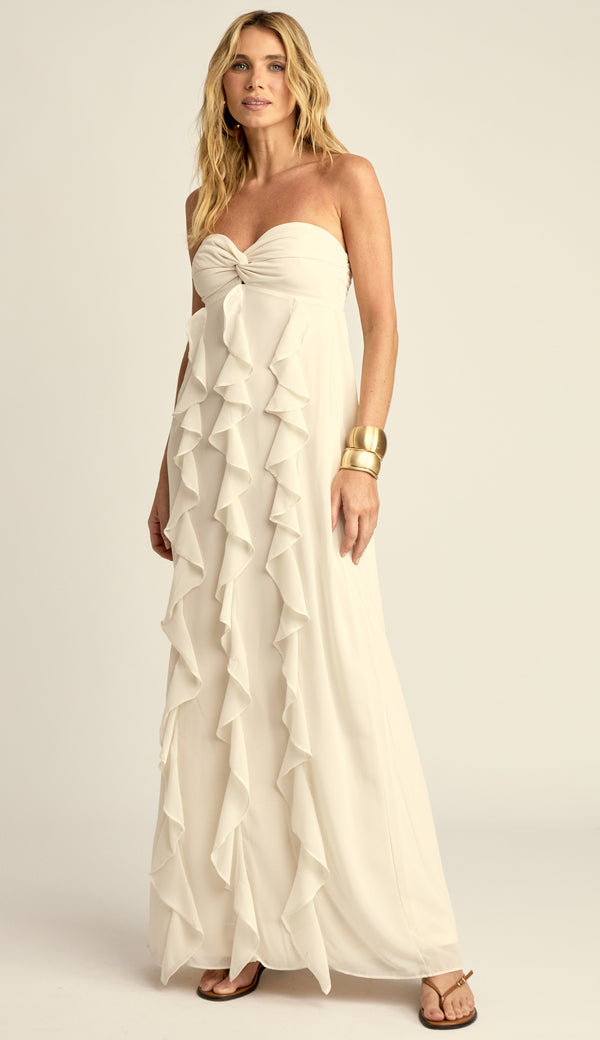Vestido Longo Festa Crepe Babados Jamine Off White | Laguna