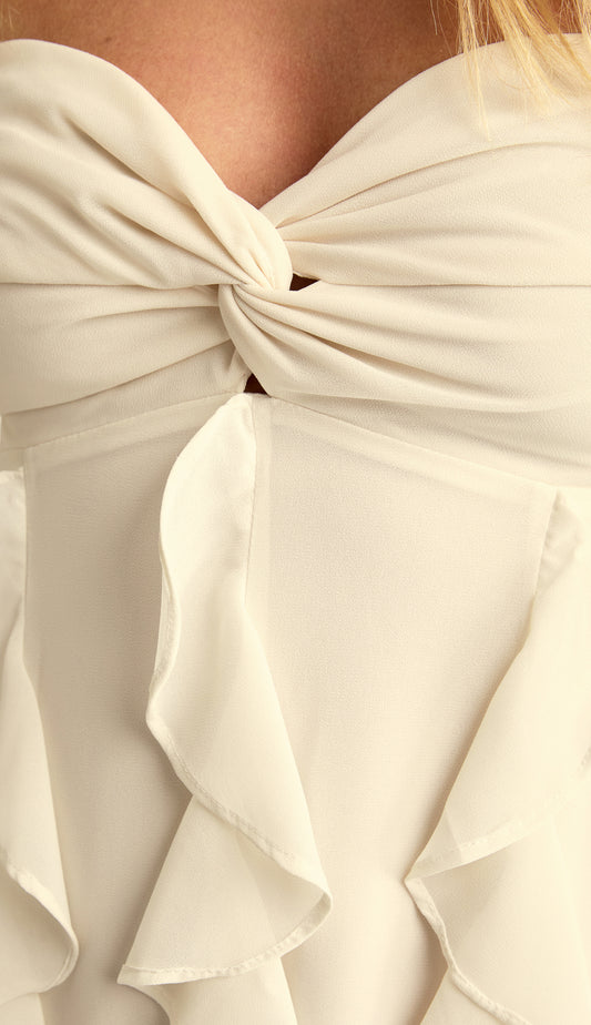 Vestido Longo Festa Crepe Babados Jamine Off White | Laguna