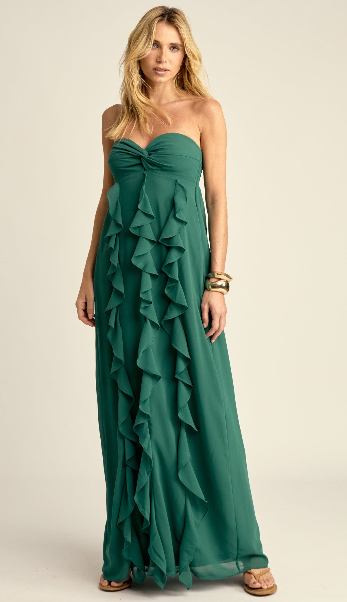 Vestido Longo Festa Crepe Babados Jamine Verde | Laguna