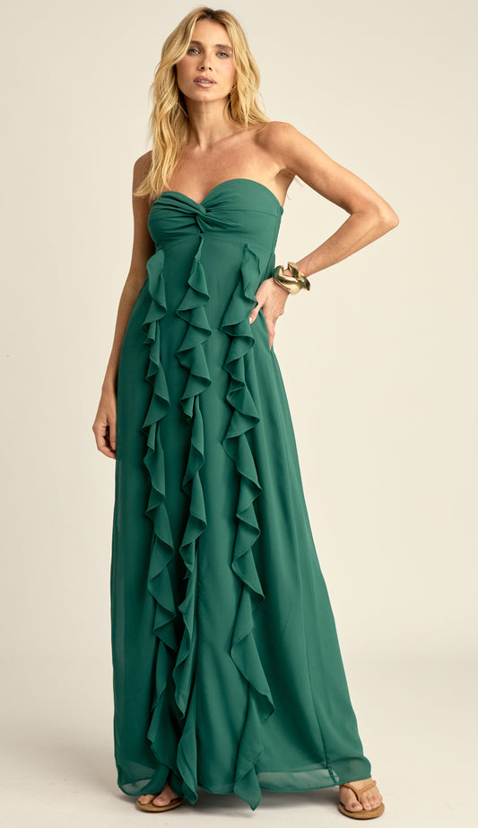 Vestido Longo Festa Crepe Babados Jamine Verde | Laguna