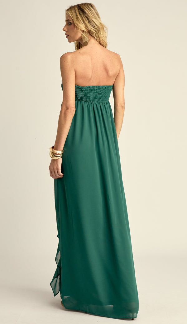 Vestido Longo Festa Crepe Babados Jamine Verde | Laguna