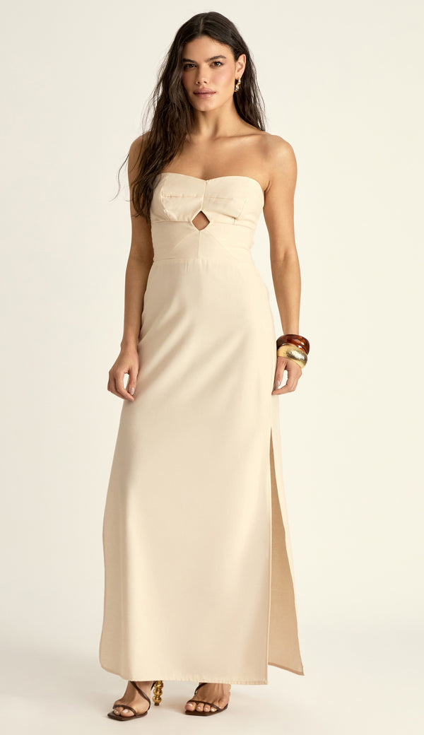 Vestido Longo em Linho Revestido Nádia Chantilly | Laguna