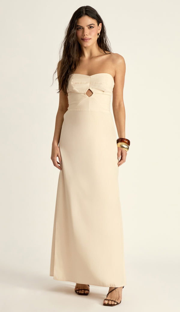 Vestido Longo em Linho Revestido Nádia Chantilly | Laguna
