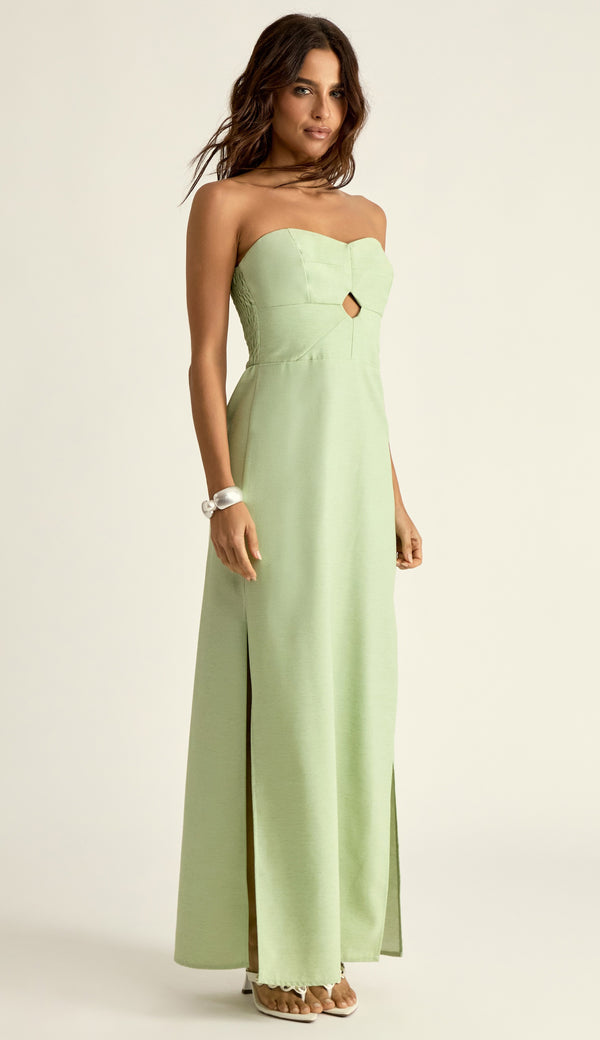 Vestido Longo em Linho Revestido Nádia Verde | Laguna