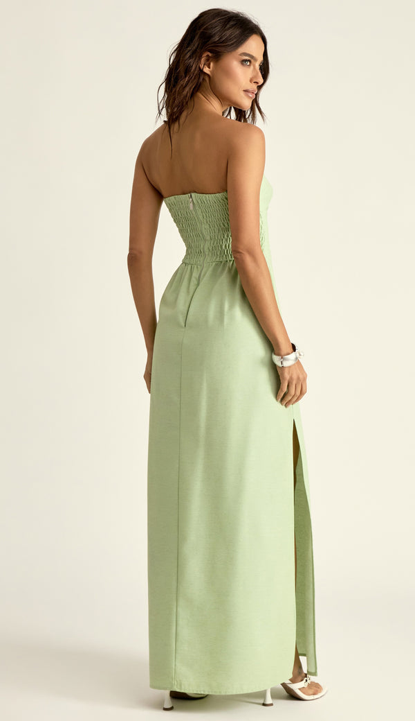 Vestido Longo em Linho Revestido Nádia Verde | Laguna