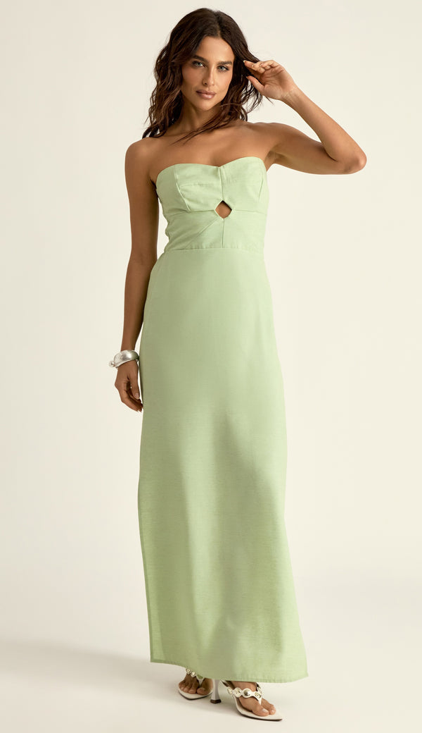 Vestido Longo em Linho Revestido Nádia Verde | Laguna