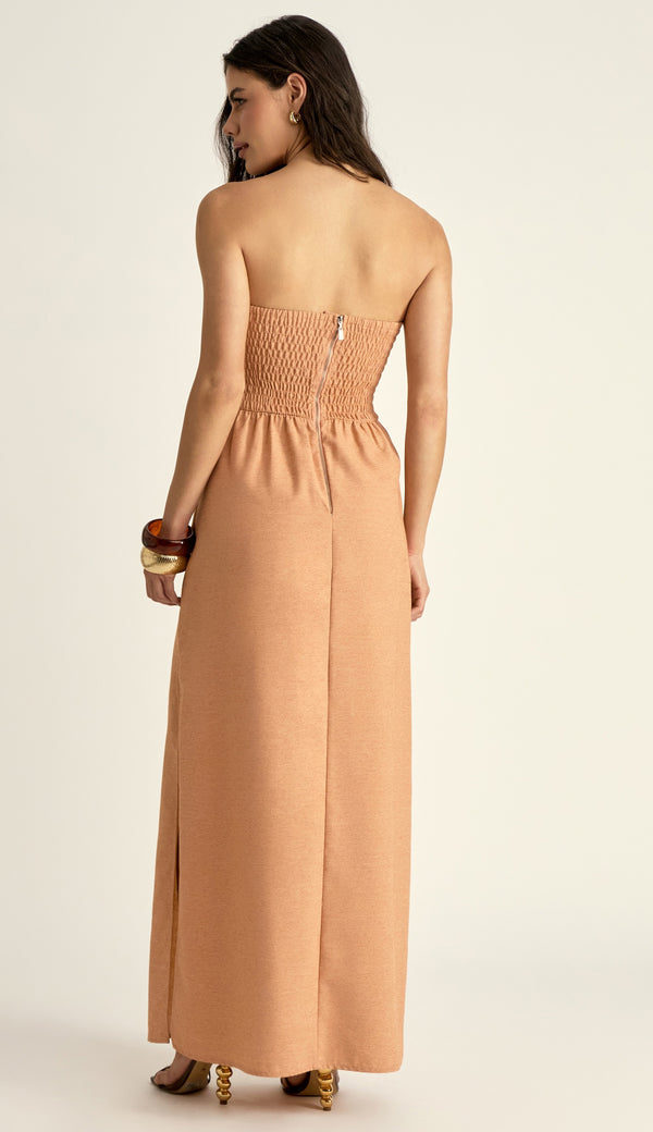 Vestido Longo em Linho Revestido Nádia Mocha | Laguna