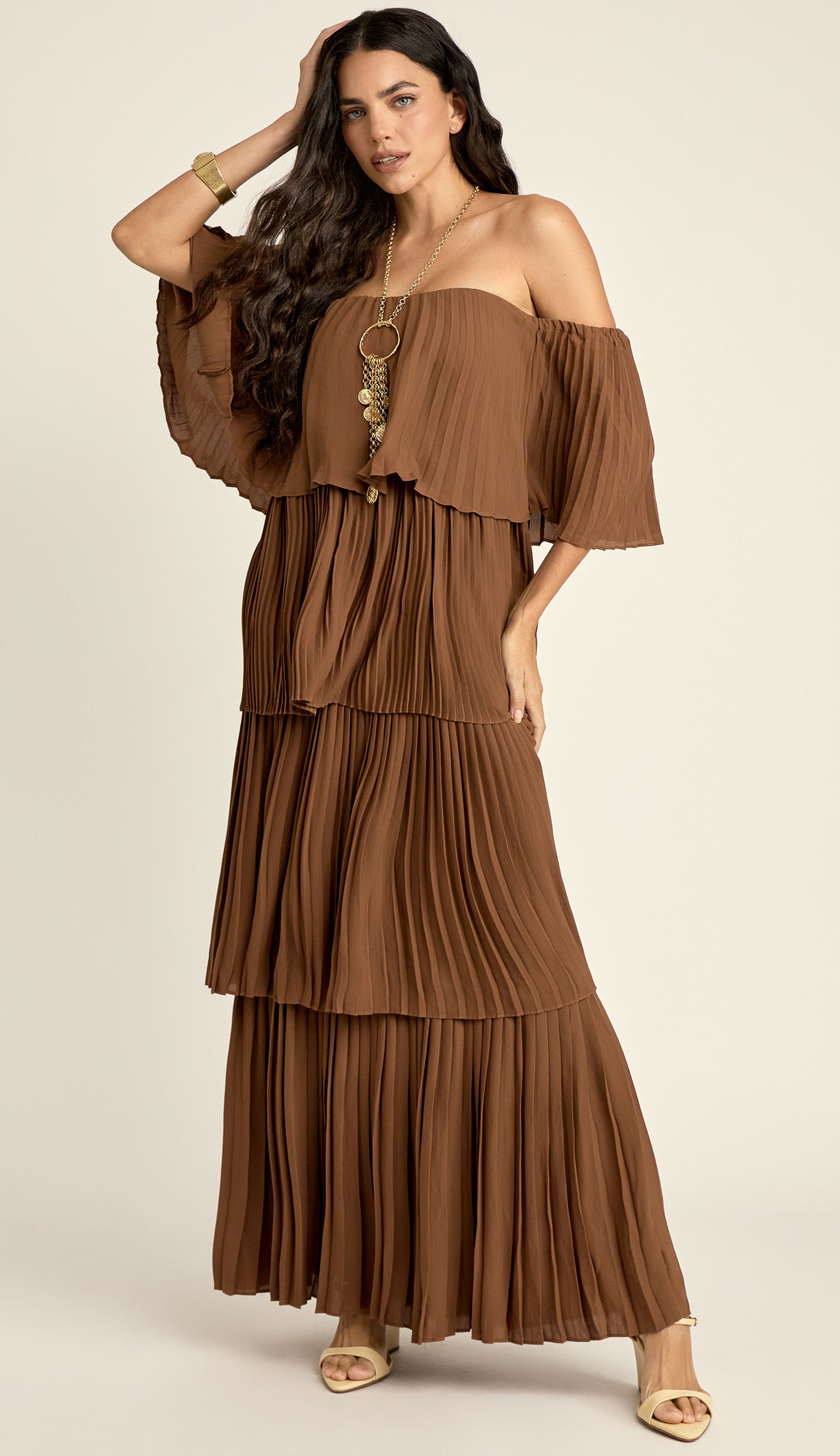 Vestido Longo Crepe Plissado Rebeca Mocha | Laguna