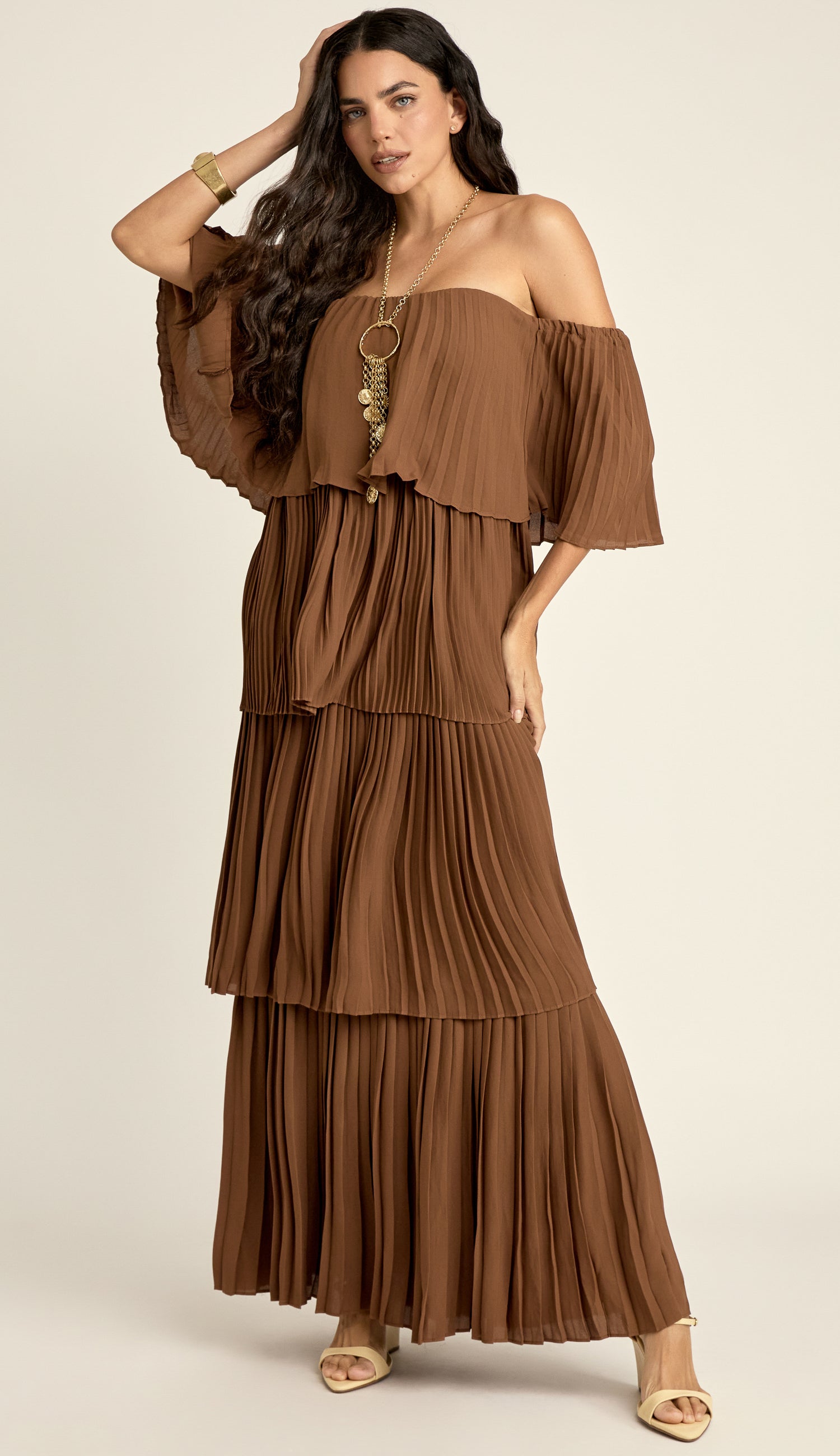 Vestido Longo Crepe Plissado Rebeca Mocha | Laguna