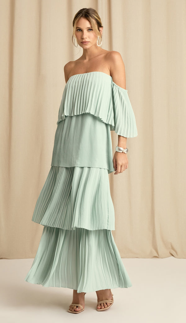 Vestido Longo Crepe Plissado Rebeca Acqua | Laguna