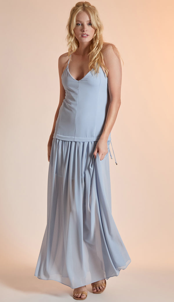 Vestido longo Amarilis Azul com decote V e alças finas