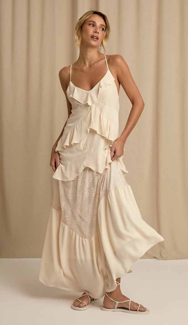 Vestido longo Constança Natural com renda e decote V