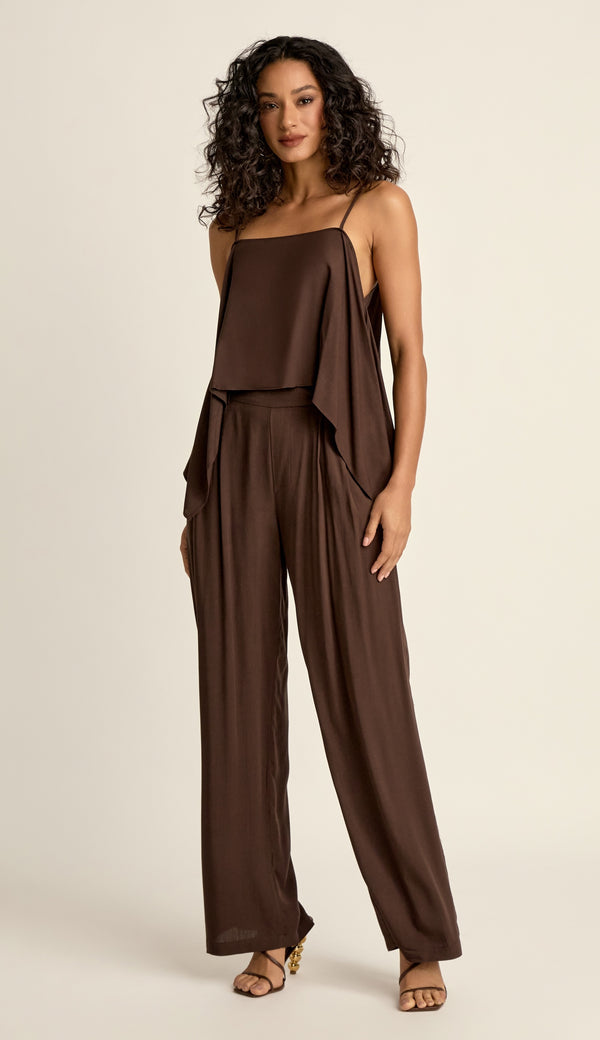 Conjunto feminino Egito Café com cropped e calça reta