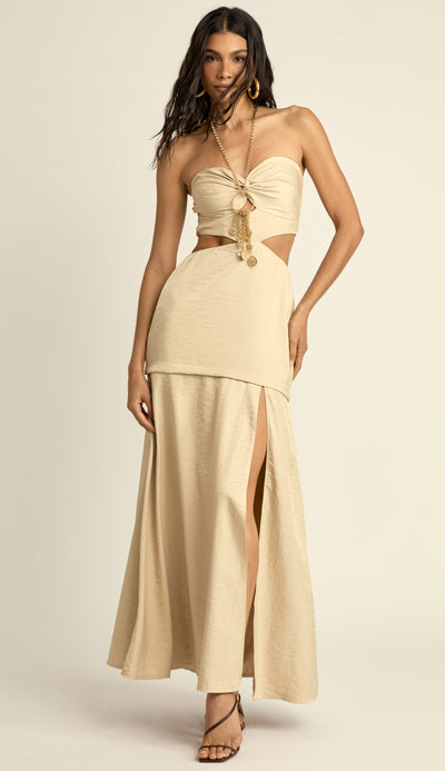 Vestido Longo Alfaiataria Acetinada Cassiana Chantilly | Laguna