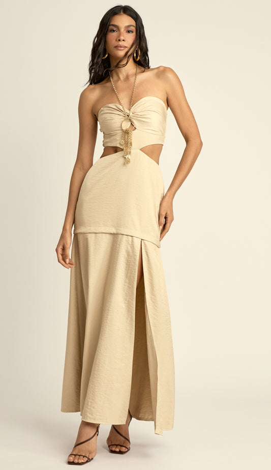 Vestido Longo Alfaiataria Acetinada Cassiana Chantilly | Laguna