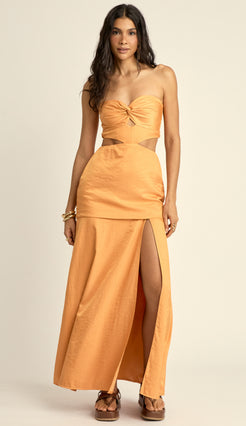 Vestido Longo Alfaiataria Acetinada Cassiana Laranja | Laguna