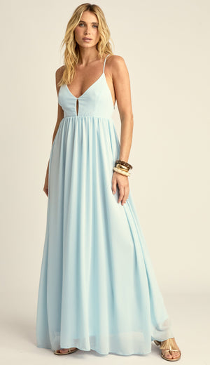 Vestido Longo Festa Crepe Chiffon Demi Azul | Laguna