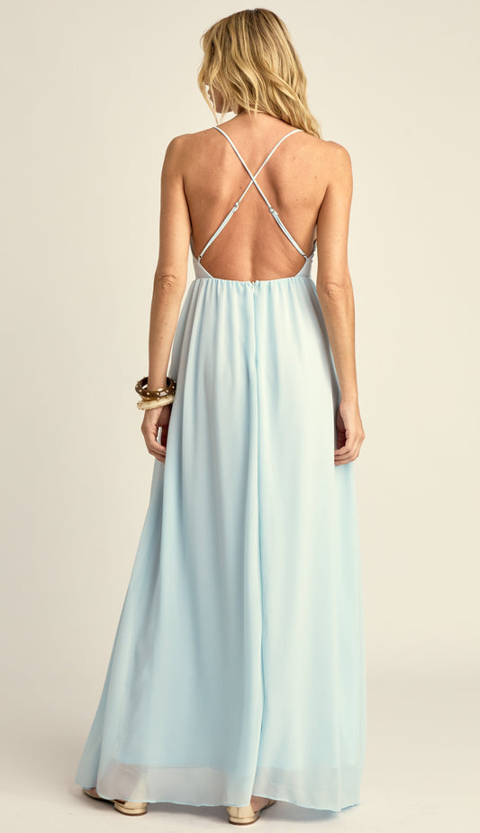 Vestido Longo Festa Crepe Chiffon Demi Azul | Laguna