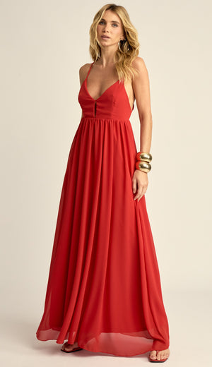 Vestido Longo Festa Crepe Chiffon Demi Cereja | Laguna