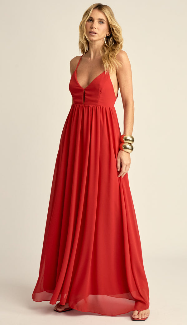 Vestido Longo Festa Crepe Chiffon Demi Cereja | Laguna
