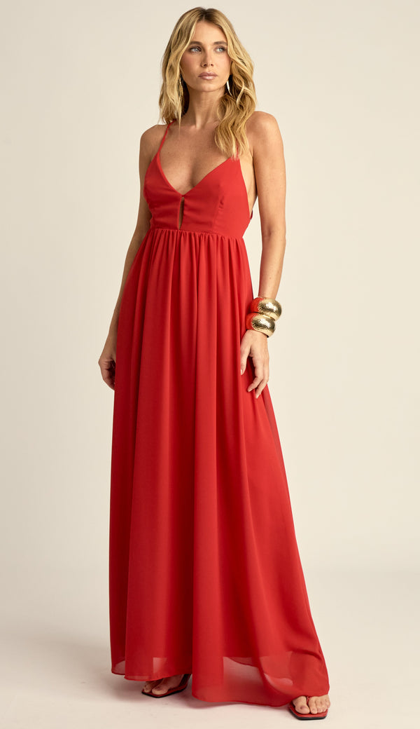 Vestido Longo Festa Crepe Chiffon Demi Cereja | Laguna