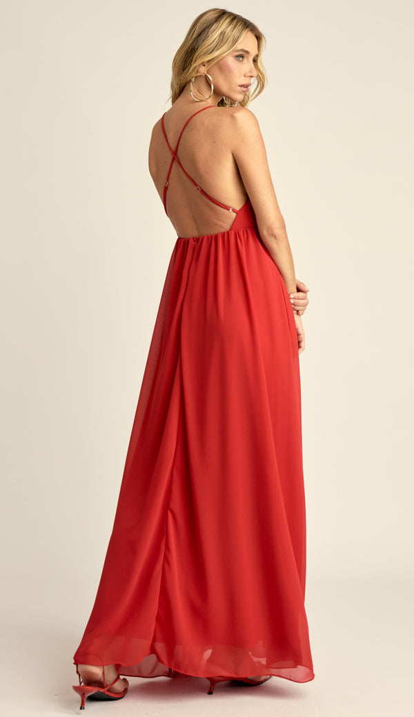 Vestido Longo Festa Crepe Chiffon Demi Cereja | Laguna