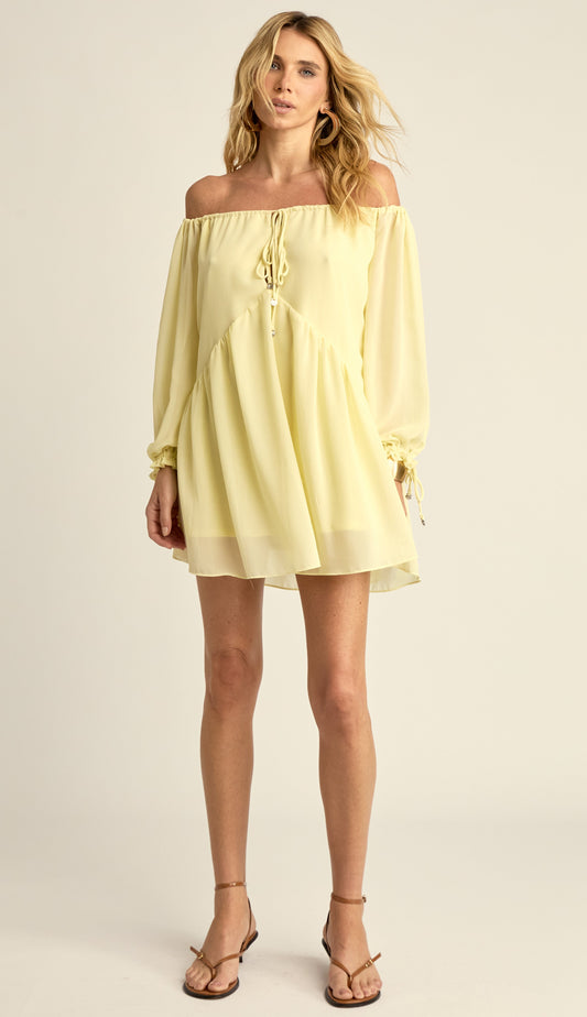 Vestido Curto Ciganinha Crepe Leve Loren Amarelo | Laguna
