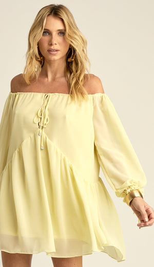 Vestido Curto Ciganinha Crepe Leve Loren Amarelo | Laguna