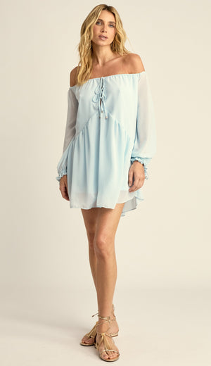 Vestido Curto Ciganinha Crepe Leve Loren Azul | Laguna
