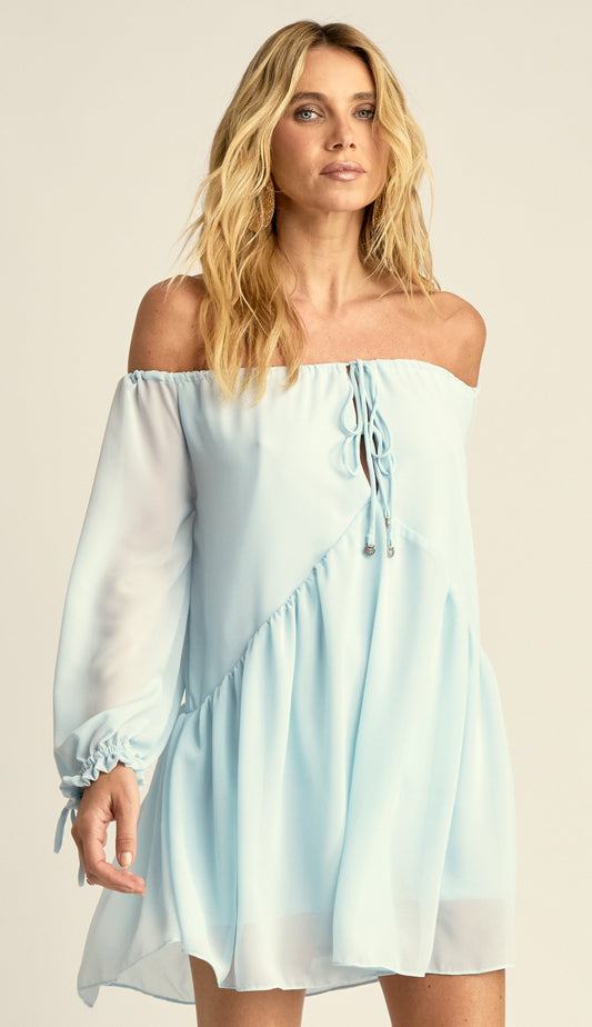 Vestido Curto Ciganinha Crepe Leve Loren Azul | Laguna