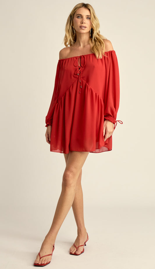 Vestido Curto Ciganinha Crepe Leve Loren Cereja | Laguna