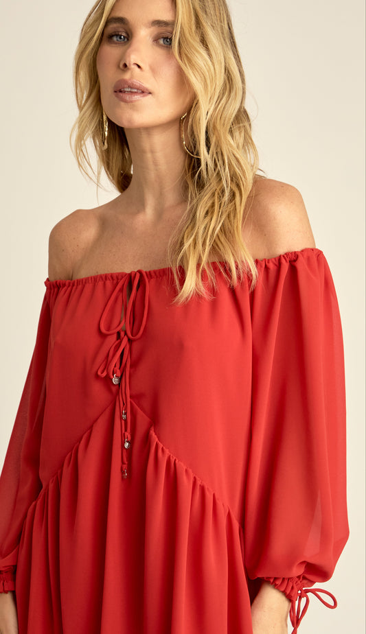 Vestido Curto Ciganinha Crepe Leve Loren Cereja | Laguna