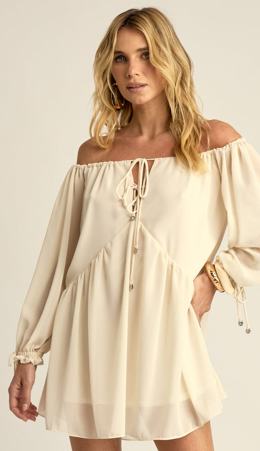 Vestido Curto Ciganinha Crepe Leve Loren Off White | Laguna