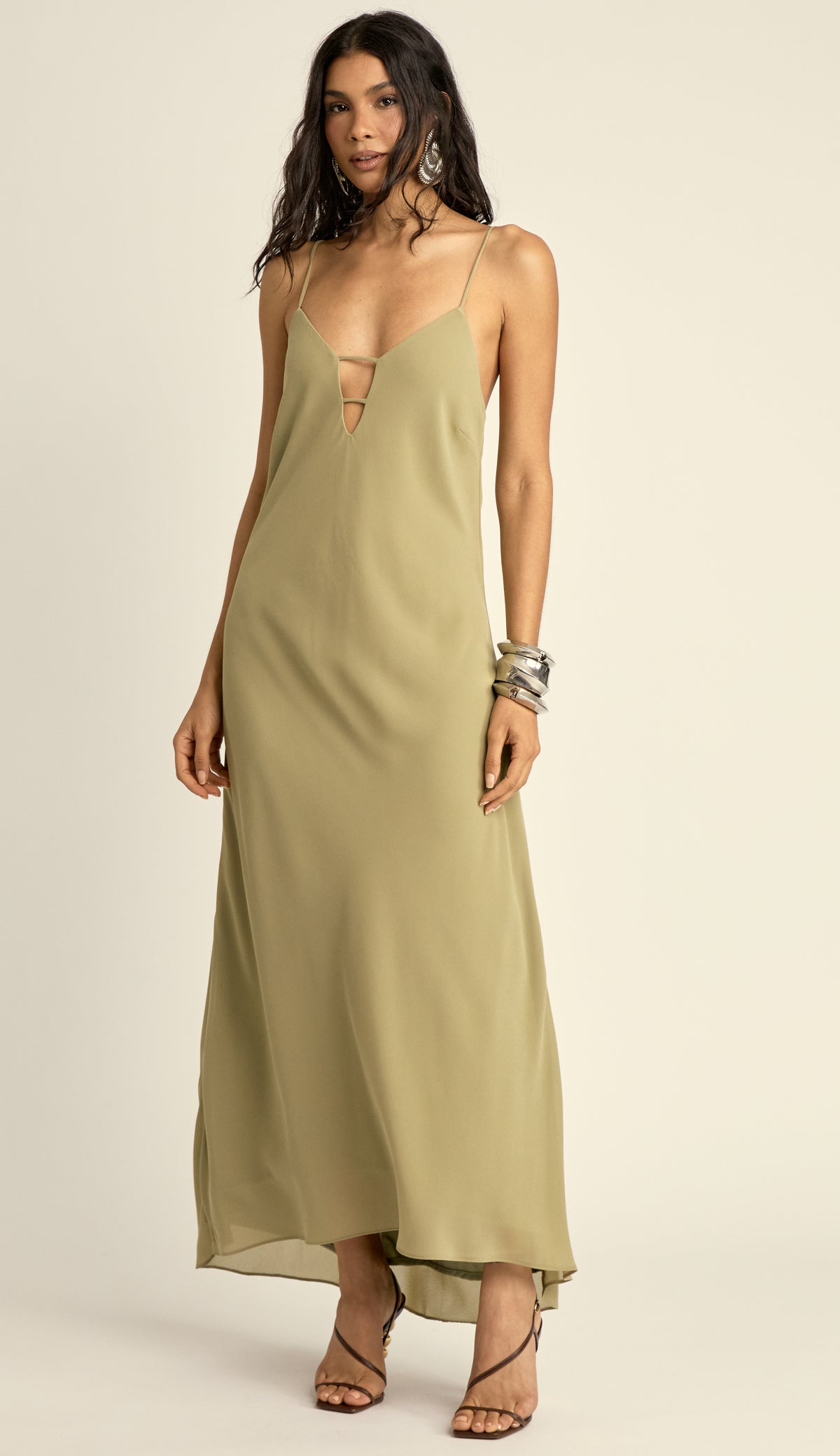 Vestido Slip Dress em Crepe Leve Lira Verde | Laguna