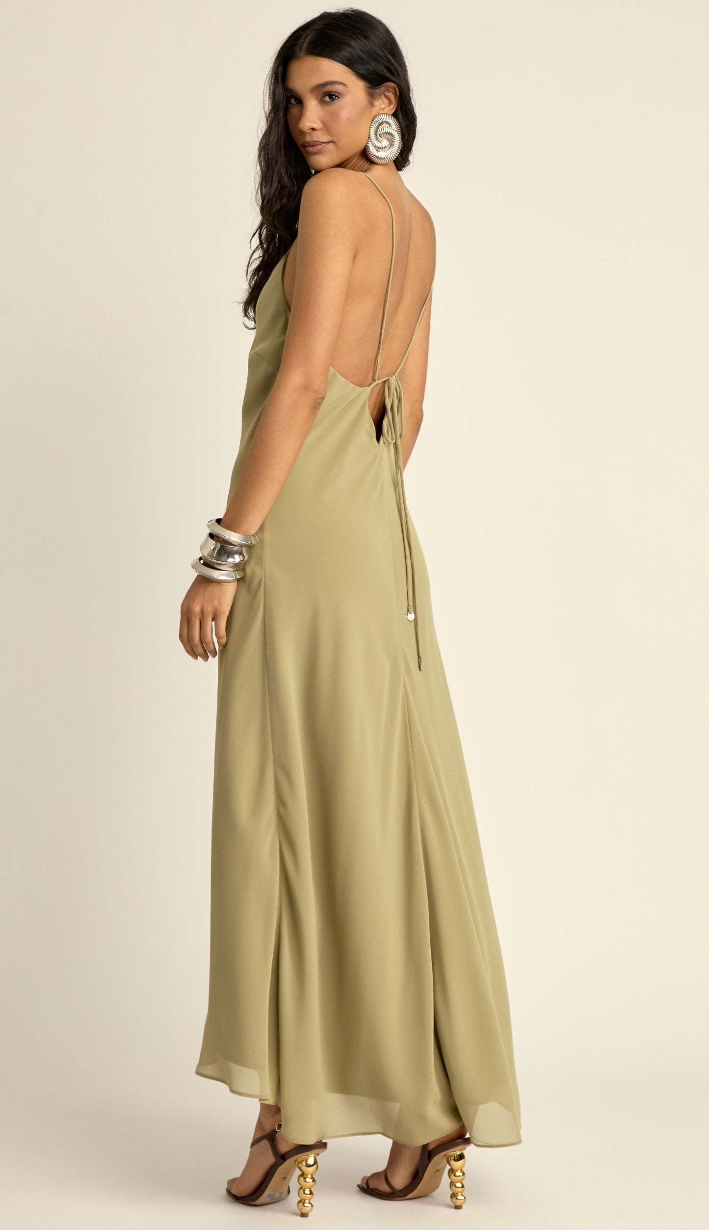 Vestido Slip Dress em Crepe Leve Lira Verde | Laguna